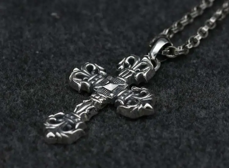 Sterling Silver Cross Necklace Trendy Hip Hop Street Accessories Male Thai Silver Retro Pendant