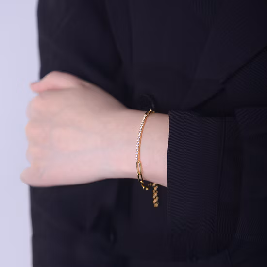 ヒップホップ ミニマリスト ペーパー クリップ チェーン 真鍮 18K ゴールド メッキ キュービック ジルコニア 調節可能なチェーン リンク バー ブレスレット